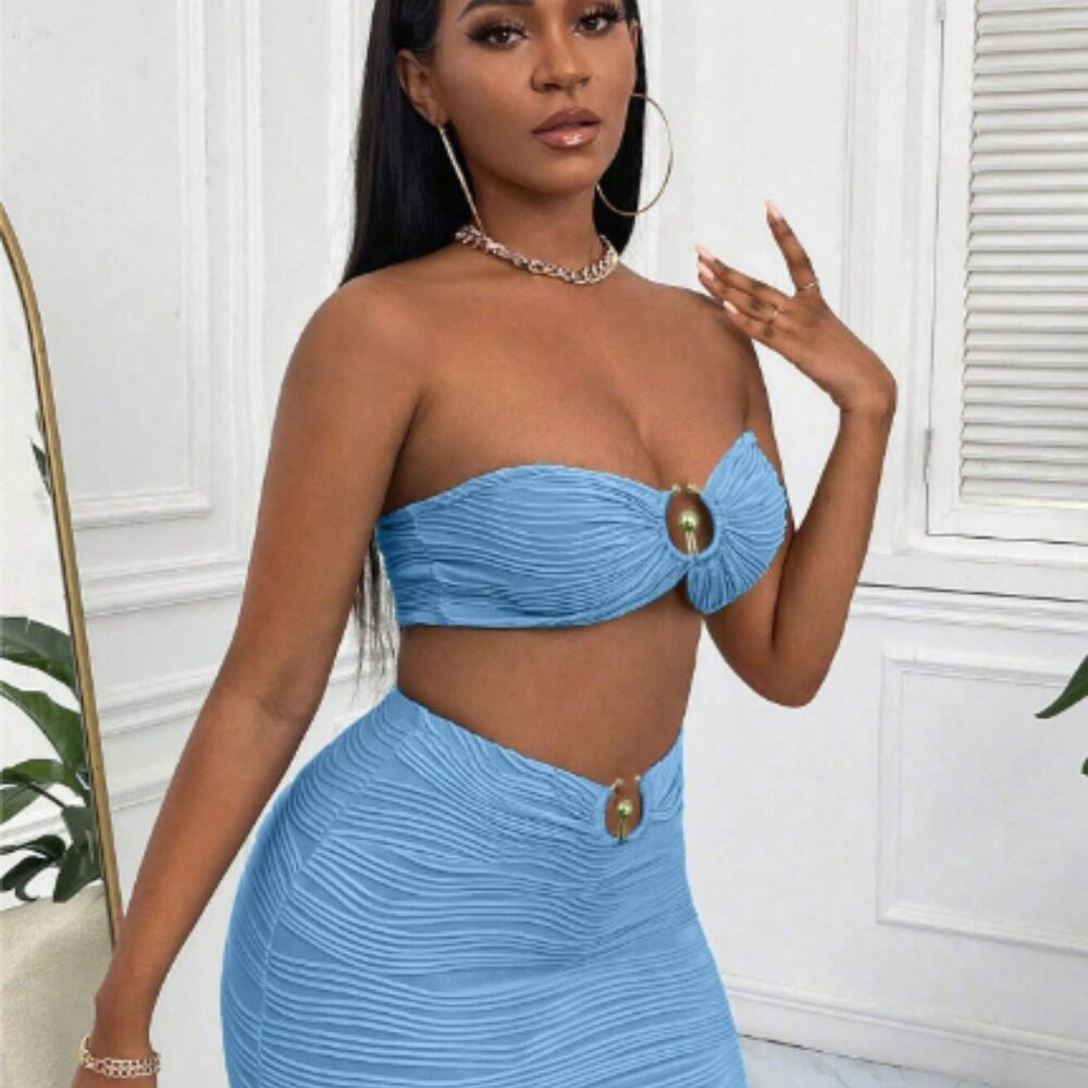 Blue Textured Women's Skirt Set